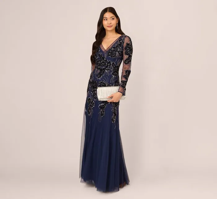 Adrianna Papell Formal Dresses Beaded Long Sleeve Mermaid Gown With Velvet Trim In Light Navy 8211 Women