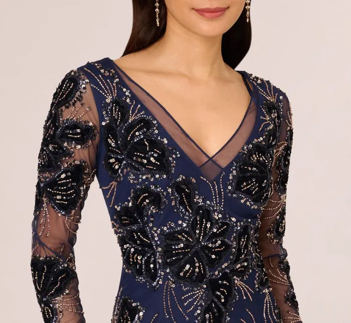Adrianna Papell Formal Dresses Beaded Long Sleeve Mermaid Gown With Velvet Trim In Light Navy 8211 Women