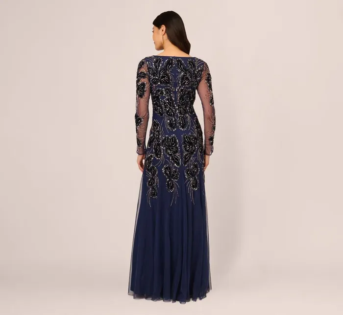 Adrianna Papell Formal Dresses Beaded Long Sleeve Mermaid Gown With Velvet Trim In Light Navy 8211 Women