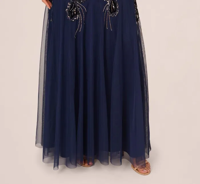 Adrianna Papell Formal Dresses Beaded Long Sleeve Mermaid Gown With Velvet Trim In Light Navy 8211 Women