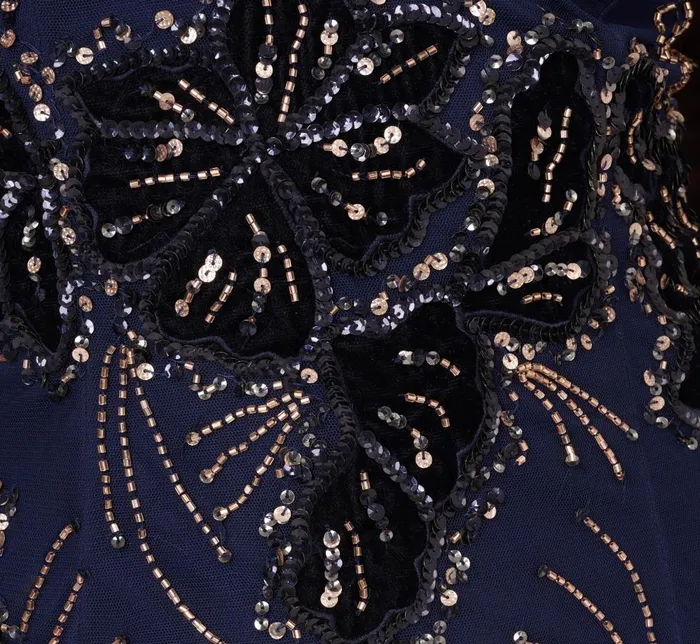 Adrianna Papell Formal Dresses Beaded Long Sleeve Mermaid Gown With Velvet Trim In Light Navy 8211 Women