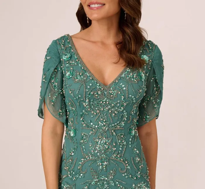 Adrianna Papell Formal Dresses Beaded Mermaid Gown With Sheer Petal Sleeves In Green Slate 8211 Women