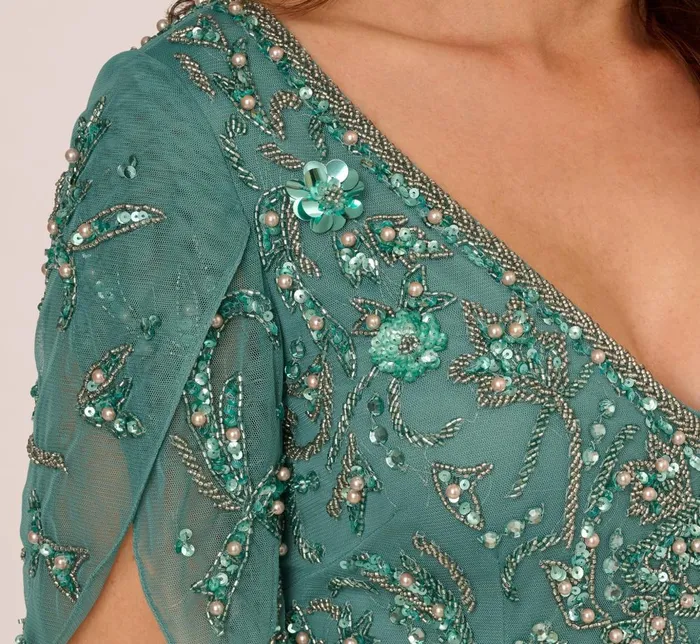 Adrianna Papell Formal Dresses Beaded Mermaid Gown With Sheer Petal Sleeves In Green Slate 8211 Women