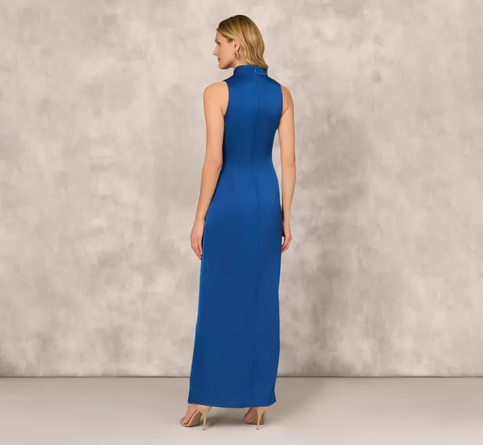 Adrianna Papell Formal Dresses Crepe Back Satin Sleeveless Gown With Ruffle Accent In Deep Ocean 8211 Women