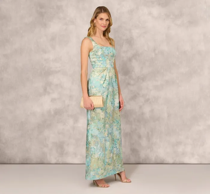Adrianna Papell Formal Dresses Floral Jacquard Gown With Pleated Waist In Green Multi 8211 Women
