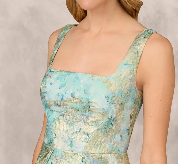 Adrianna Papell Formal Dresses Floral Jacquard Gown With Pleated Waist In Green Multi 8211 Women