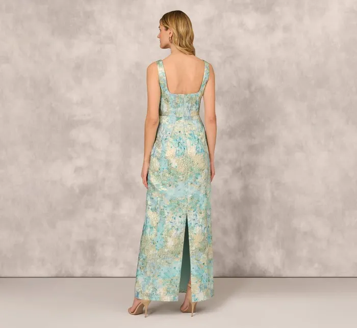 Adrianna Papell Formal Dresses Floral Jacquard Gown With Pleated Waist In Green Multi 8211 Women
