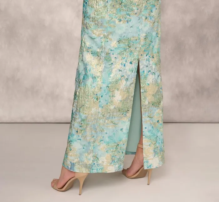 Adrianna Papell Formal Dresses Floral Jacquard Gown With Pleated Waist In Green Multi 8211 Women