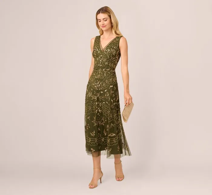 Adrianna Papell Formal Dresses HandBeaded AnkleLength Dress In Olive 8211 Women