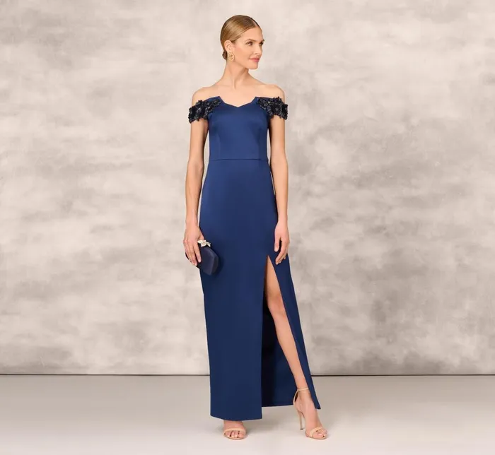 Adrianna Papell Formal Dresses Hand Beaded Off The Shoulder Long Column Gown With Slit In Navy 8211 Women