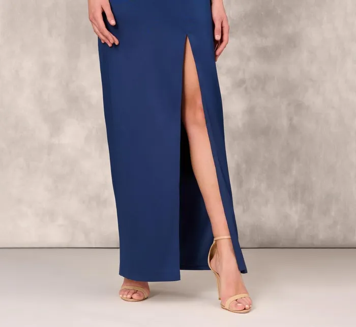 Adrianna Papell Formal Dresses Hand Beaded Off The Shoulder Long Column Gown With Slit In Navy 8211 Women