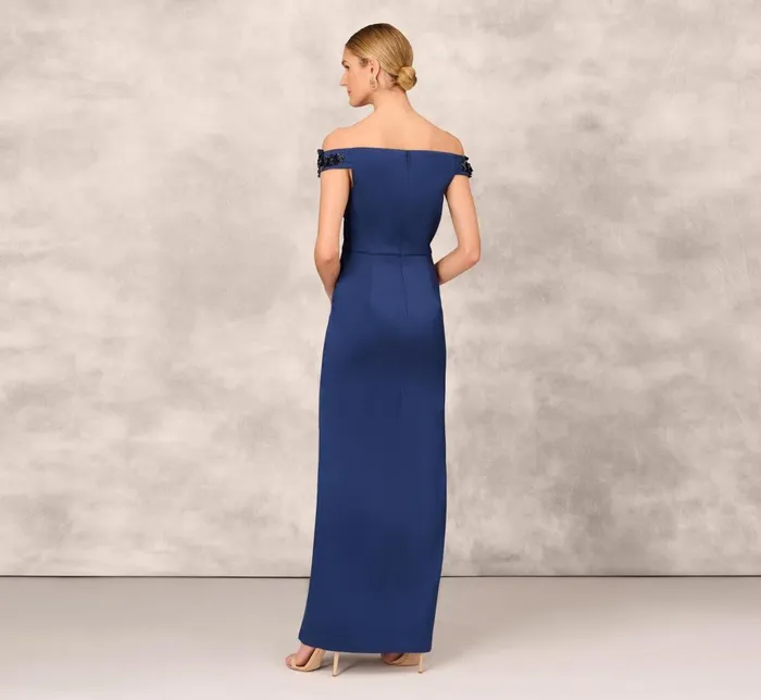 Adrianna Papell Formal Dresses Hand Beaded Off The Shoulder Long Column Gown With Slit In Navy 8211 Women