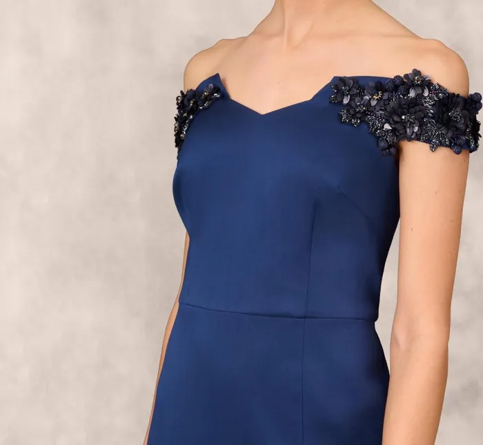 Adrianna Papell Formal Dresses Hand Beaded Off The Shoulder Long Column Gown With Slit In Navy 8211 Women