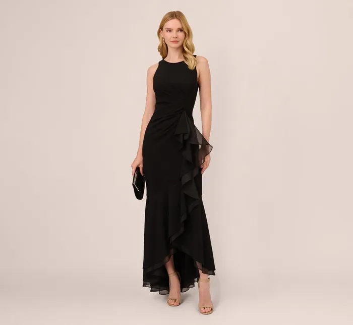 Adrianna Papell Formal Dresses High Low Crepe Halter Gown With Organza Draping In Black 8211 Women