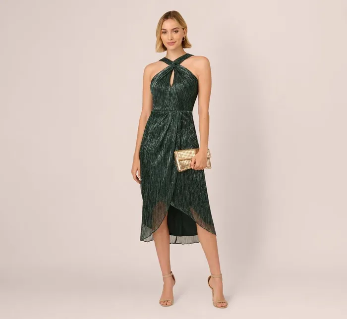 Adrianna Papell Formal Dresses Metallic Knit Halter Midi Dress With Wrap Skirt In Green Pine 8211 Women