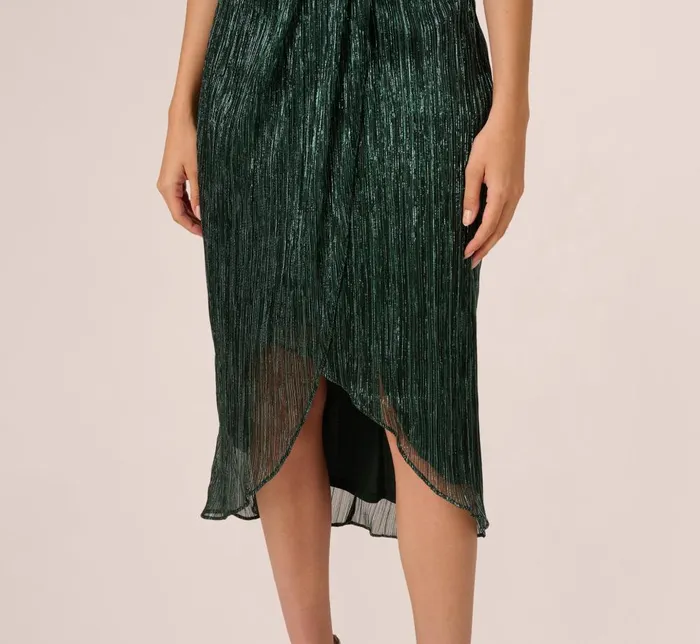 Adrianna Papell Formal Dresses Metallic Knit Halter Midi Dress With Wrap Skirt In Green Pine 8211 Women