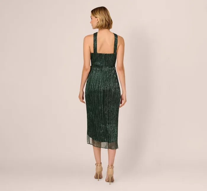 Adrianna Papell Formal Dresses Metallic Knit Halter Midi Dress With Wrap Skirt In Green Pine 8211 Women