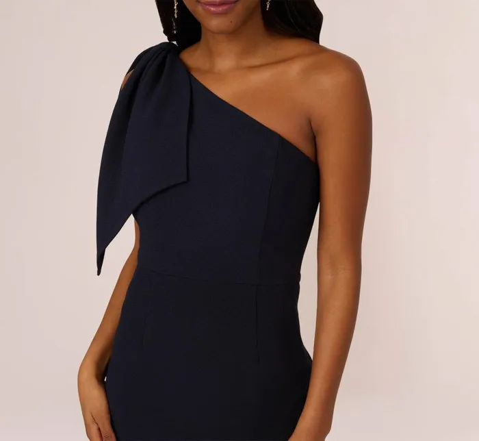 Adrianna Papell Formal Dresses One Shoulder Crepe Gown With Bow Accent In Midnight 8211 Women