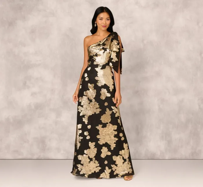 Adrianna Papell Formal Dresses One Shoulder Jacquard Gown In Black Gold 8211 Women