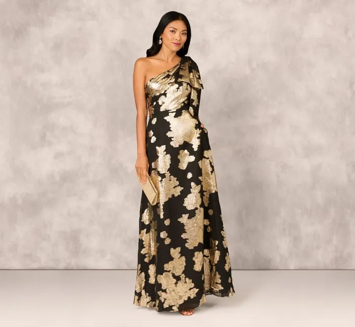 Adrianna Papell Formal Dresses One Shoulder Jacquard Gown In Black Gold 8211 Women