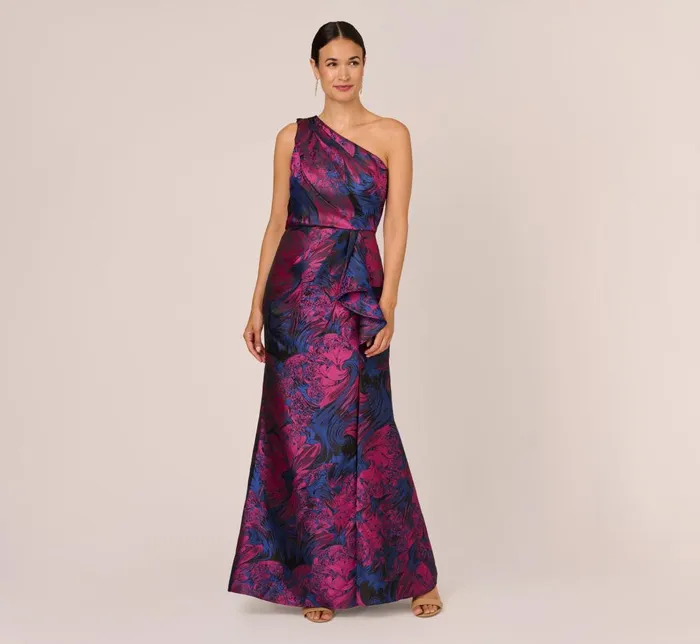 Adrianna Papell Formal Dresses One Shoulder Jacquard Mermaid Gown With Drape Detail In Navy Orchid 8211 Women
