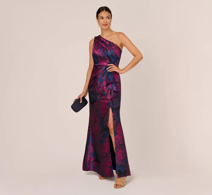 Adrianna Papell Formal Dresses One Shoulder Jacquard Mermaid Gown With Drape Detail In Navy Orchid 8211 Women