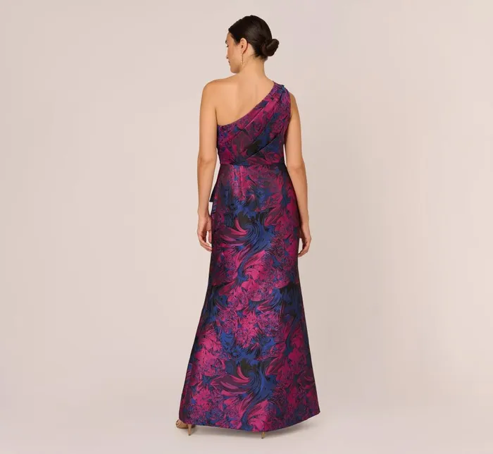 Adrianna Papell Formal Dresses One Shoulder Jacquard Mermaid Gown With Drape Detail In Navy Orchid 8211 Women