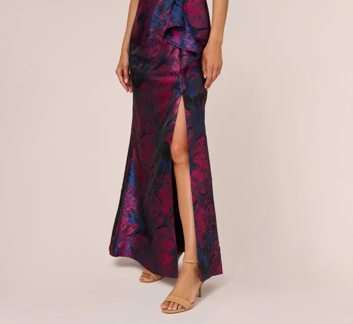 Adrianna Papell Formal Dresses One Shoulder Jacquard Mermaid Gown With Drape Detail In Navy Orchid 8211 Women
