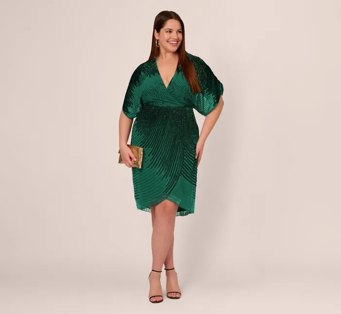 Adrianna Papell Formal Dresses Plus Size Beaded Faux Wrap Dress With Dolman Sleeves In Dark Ivy 8211 Women