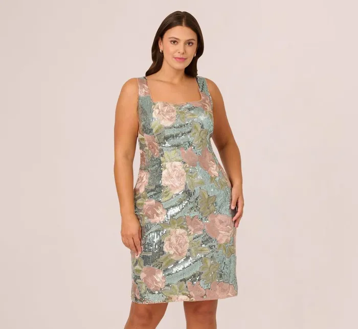 Adrianna Papell Formal Dresses Plus Size Sequin Embroidery Short Dress In Sage Multi 8211 Women
