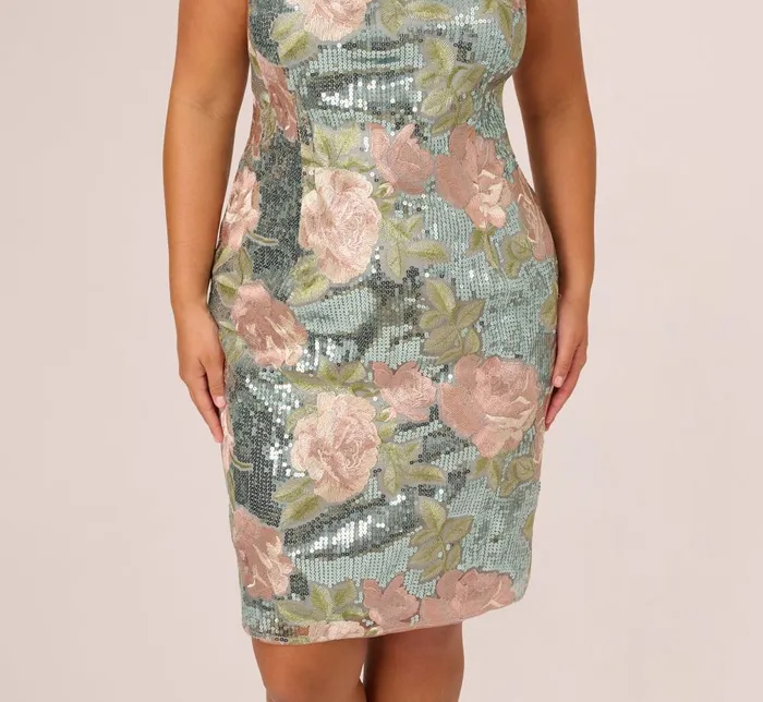 Adrianna Papell Formal Dresses Plus Size Sequin Embroidery Short Dress In Sage Multi 8211 Women