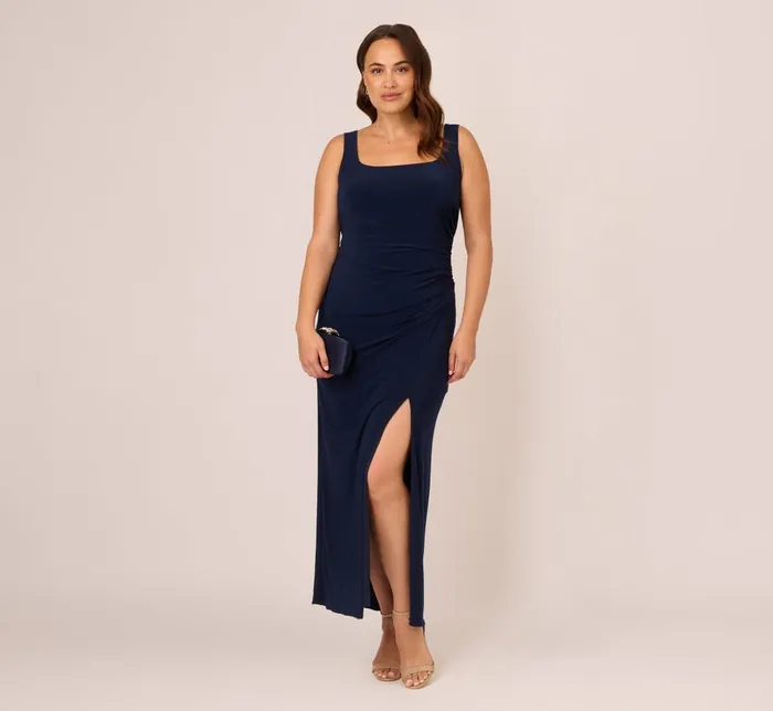 Adrianna Papell Formal Dresses Plus Size Sleeveless Jersey Gown With Embellished Lace Cowl Back In Midnight 8211 Women