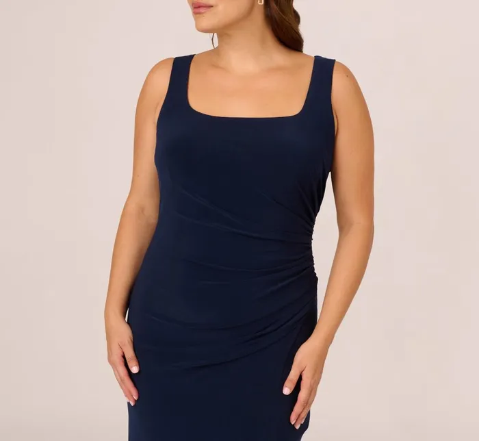 Adrianna Papell Formal Dresses Plus Size Sleeveless Jersey Gown With Embellished Lace Cowl Back In Midnight 8211 Women