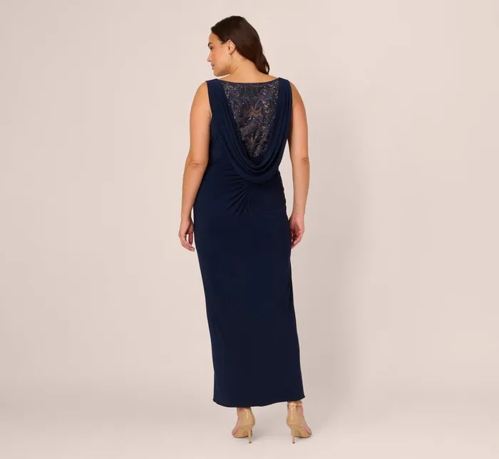 Adrianna Papell Formal Dresses Plus Size Sleeveless Jersey Gown With Embellished Lace Cowl Back In Midnight 8211 Women