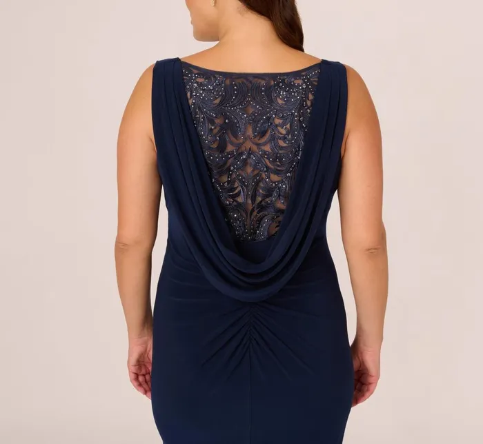 Adrianna Papell Formal Dresses Plus Size Sleeveless Jersey Gown With Embellished Lace Cowl Back In Midnight 8211 Women