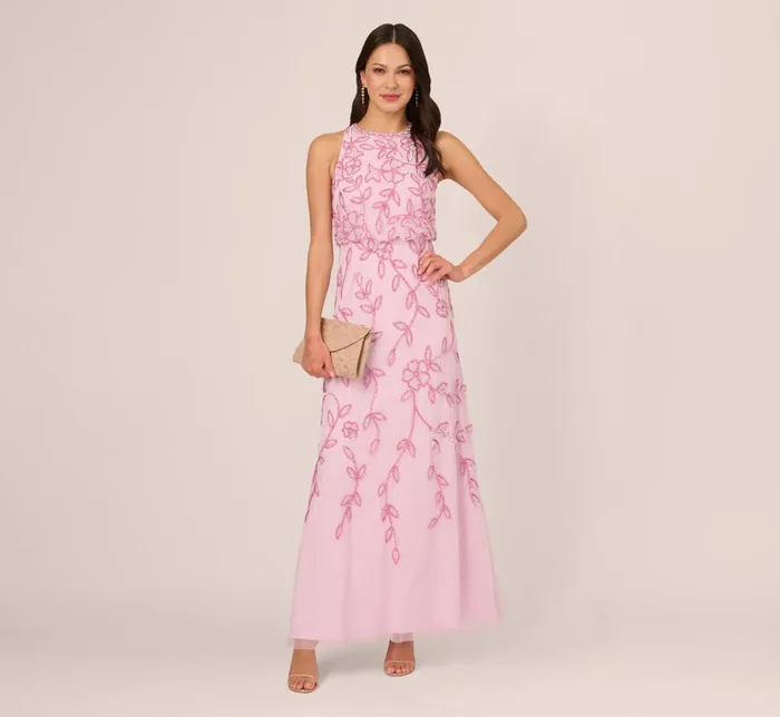 Adrianna Papell Formal Dresses Sleeveless Blouson Mermaid Gown With Jasmine Beading In Pink Lace 8211 Women