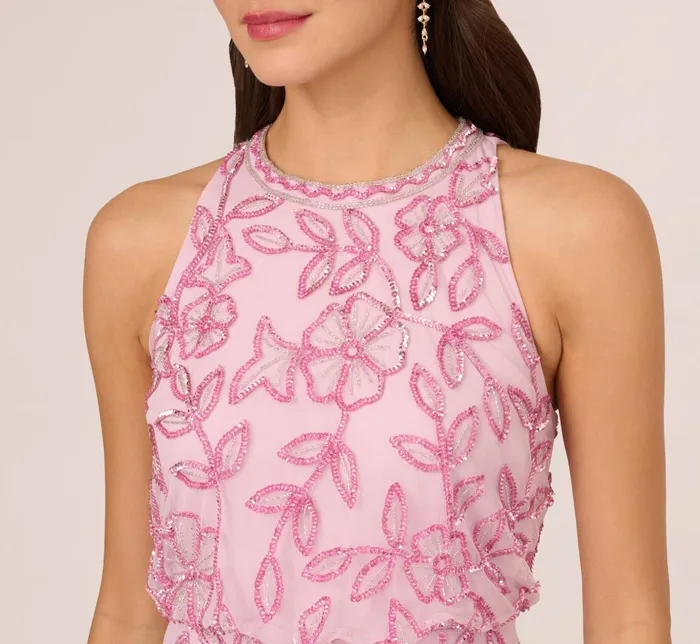 Adrianna Papell Formal Dresses Sleeveless Blouson Mermaid Gown With Jasmine Beading In Pink Lace 8211 Women