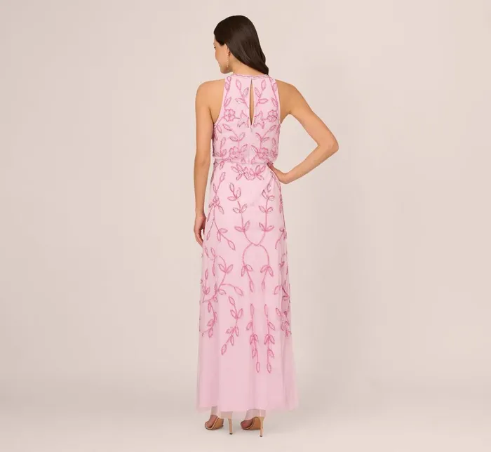 Adrianna Papell Formal Dresses Sleeveless Blouson Mermaid Gown With Jasmine Beading In Pink Lace 8211 Women