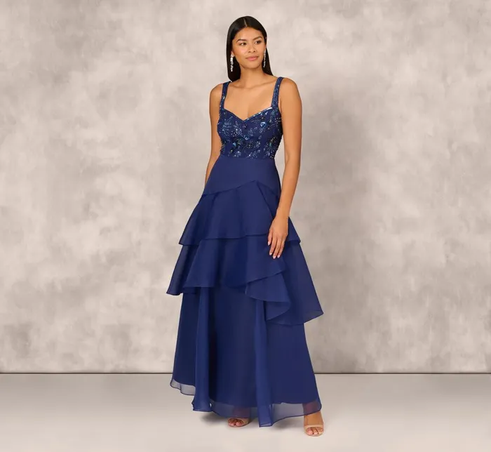 Adrianna Papell Formal Dresses Tiered Organza Gown With Beaded Bodice In Navy 8211 Women