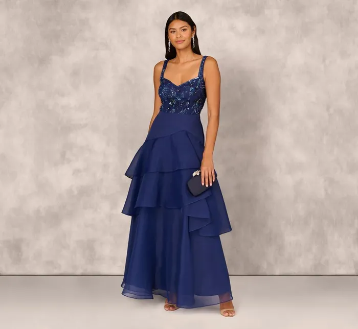 Adrianna Papell Formal Dresses Tiered Organza Gown With Beaded Bodice In Navy 8211 Women