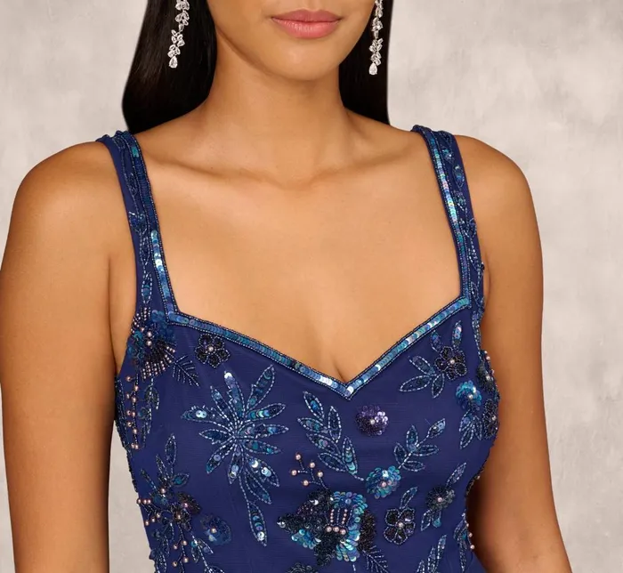 Adrianna Papell Formal Dresses Tiered Organza Gown With Beaded Bodice In Navy 8211 Women