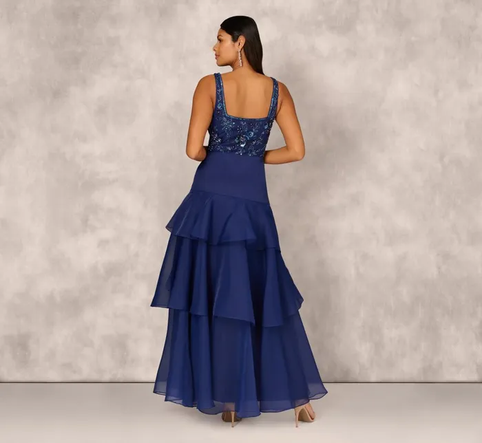 Adrianna Papell Formal Dresses Tiered Organza Gown With Beaded Bodice In Navy 8211 Women