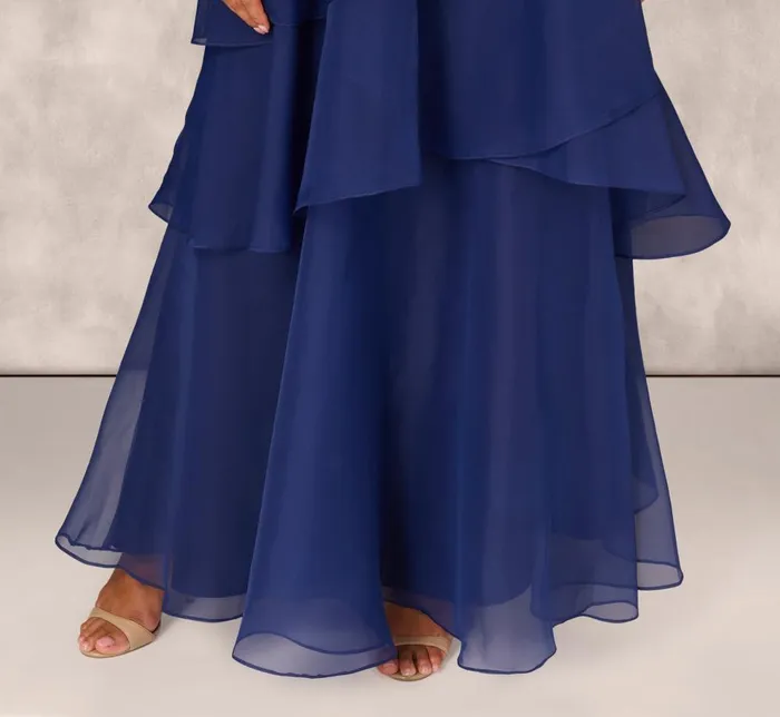 Adrianna Papell Formal Dresses Tiered Organza Gown With Beaded Bodice In Navy 8211 Women