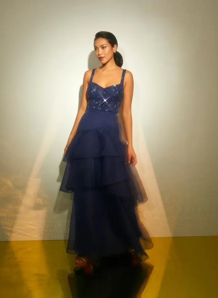 Adrianna Papell Formal Dresses Tiered Organza Gown With Beaded Bodice In Navy 8211 Women