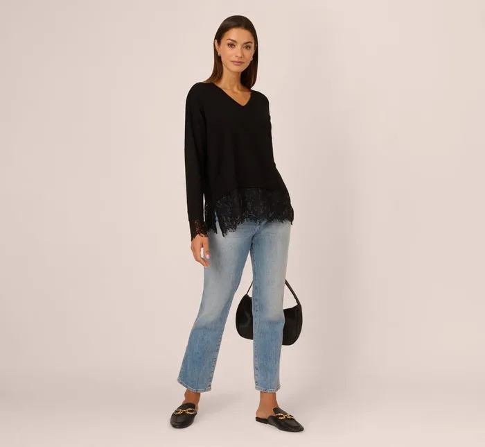 Adrianna Papell Sweaters V Neck Lace Combo Twofer Sweater In Black 8211 Women