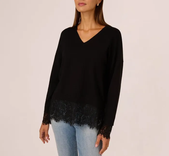 Adrianna Papell Sweaters V Neck Lace Combo Twofer Sweater In Black 8211 Women