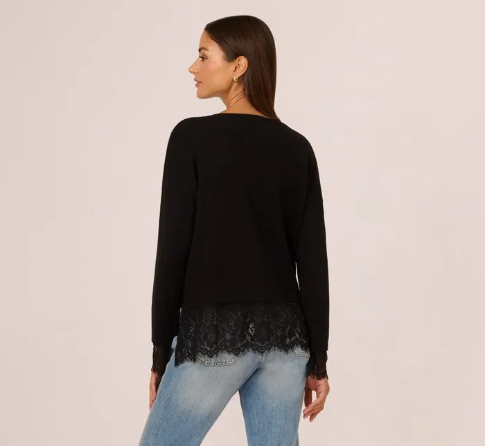 Adrianna Papell Sweaters V Neck Lace Combo Twofer Sweater In Black 8211 Women