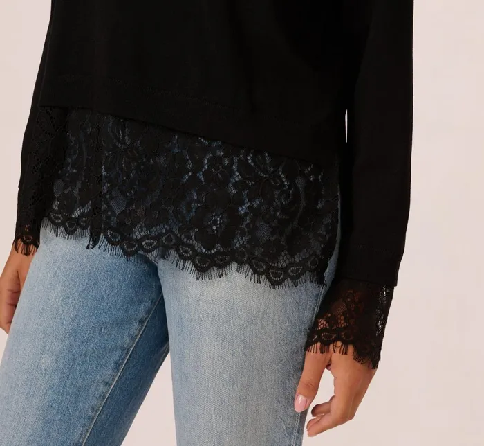 Adrianna Papell Sweaters V Neck Lace Combo Twofer Sweater In Black 8211 Women