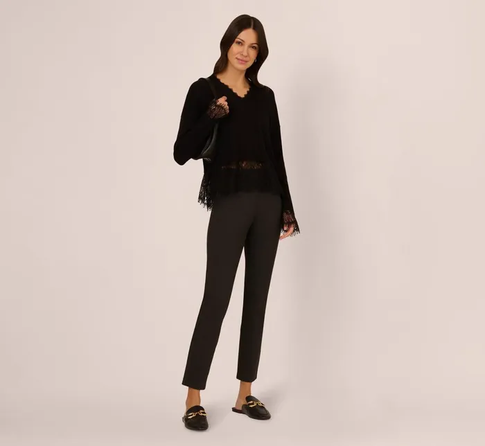 Adrianna Papell Sweaters V Neck Lace Trim Twofer Sweater In Black 8211 Women