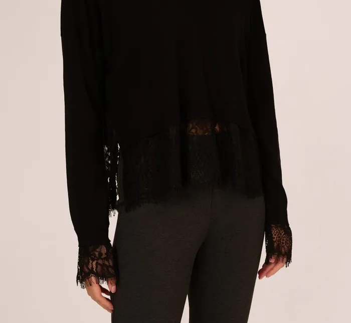 Adrianna Papell Sweaters V Neck Lace Trim Twofer Sweater In Black 8211 Women